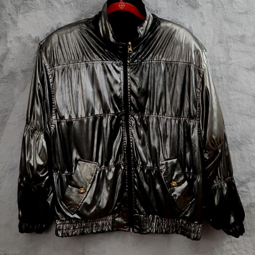 *Vintage Reversible Black Metallic Windbreaker Jacket Full Zip Oversized - Picture 6 of 11